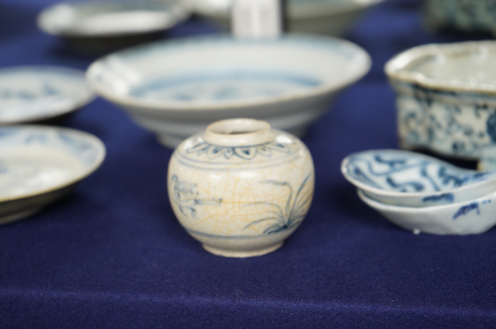A group of Chinese and Annamese blue and white shipwreck ceramics, 16th–19th century together with a Ming style blue and white censer, largest- 12.5cm wide